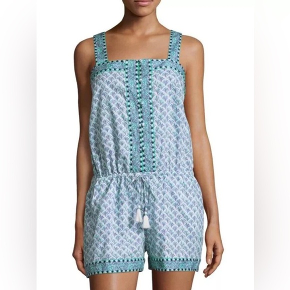 Vineyard Vines Paisley Romper Embroidered Pull-On Button Front Tie Waist Tassel - Picture 1 of 12
